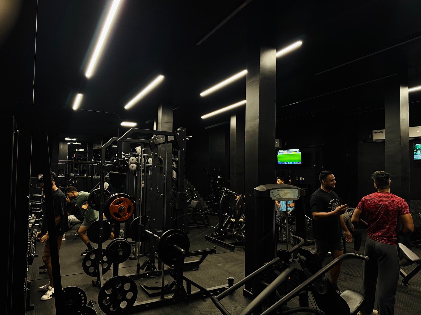 The squat rack area lit by linear ceiling lights